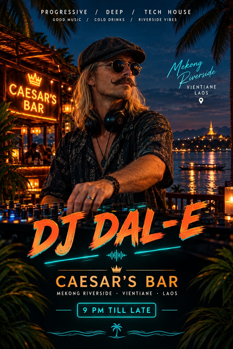 Flyer: DJ DAL-E at Caesar's Bar, Mekong riverside Vientiane — progressive, deep and tech house, 9 PM till late