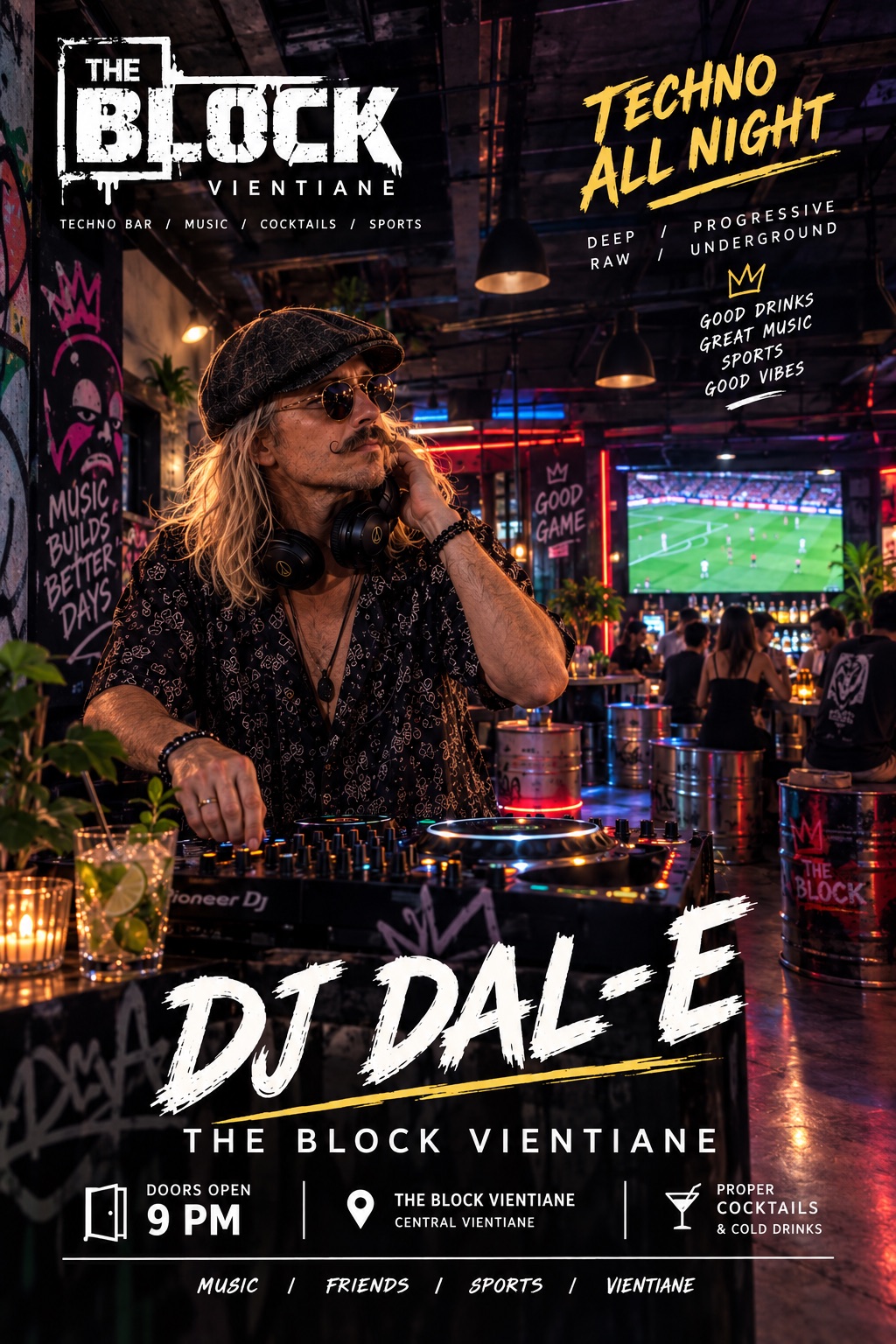 Deep, raw, underground. DJ DAL·E takes over The Block from 9PM for a full night of techno and dark progressive house. Graffiti walls, oil-drum tables, proper cocktails and a sound system that earns th